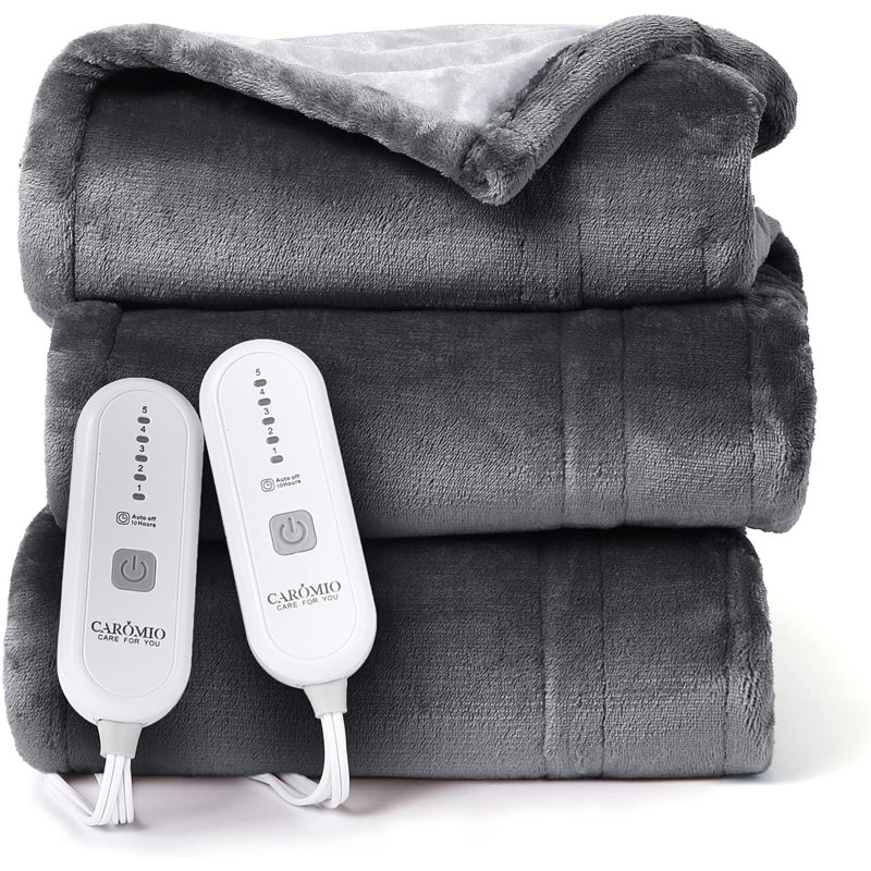 Jeté chauffant électrique à couverture double avec contrôle, couvertures chauffantes en flanelle réversible, jets chauffants doux pour canapé avec 5 réglages de chaleur et 10 heures d'arrêt automatique, gris, 84 po x 90 po