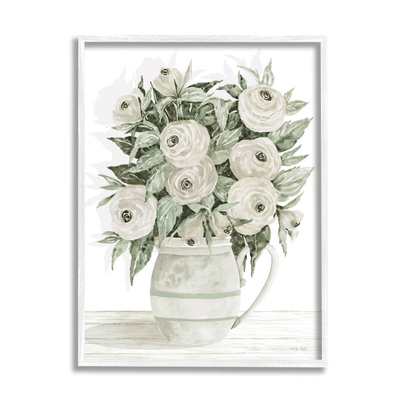 " White Ranunculus Blossoms Flower Vase " by Cindy Jacobs Painting Print, 20" H x 16" W x 1.5" D, Coastal White Framed Giclee