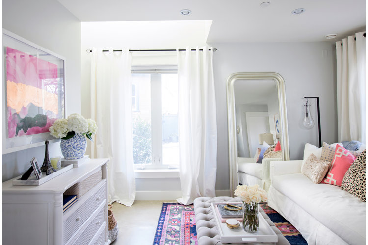 Designer Jillian Harris put together this chic pastel living room