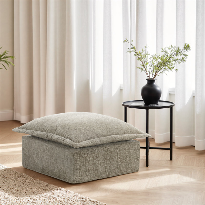 Repose-pieds rembourré carré en chenille chameau avec coussin moelleux surdimensionné - entièrement comprimé, aucun assemblage requis