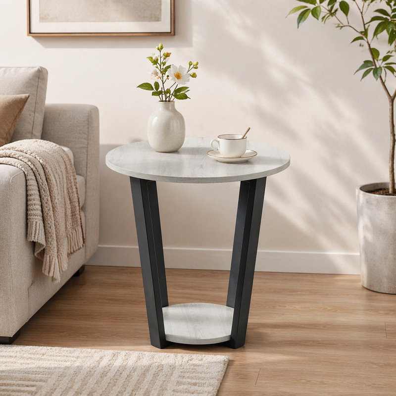 Elysian Contemporary Round End Table with Shelf, Off-White Side Table