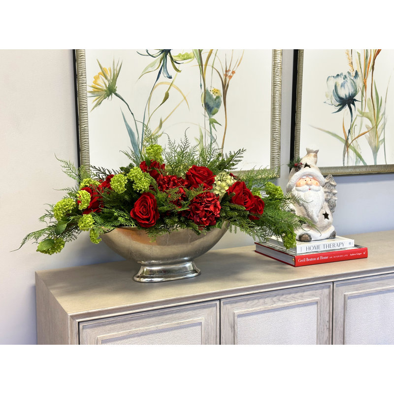 Holiday Centerpiece with Roses and Hydrangeas