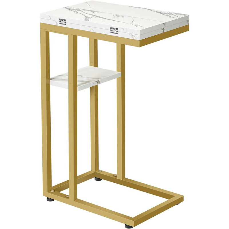 Table de bout pliable, table d'appoint en forme de C dorée avec tablette de rangement, petite table de collation convenant aux petits espaces de la chambre à coucher, assemblage facile, or et marbre.