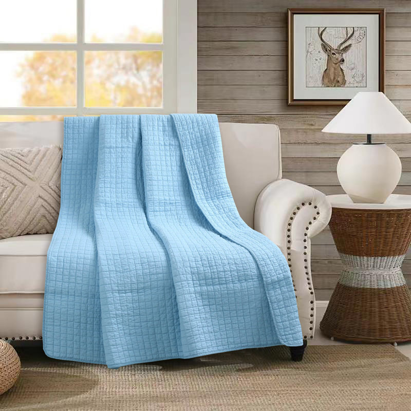 Light Blue Cotton Quilted Reversible Throw Blanket 50"x60"