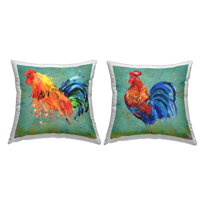 Ensemble de coussins d'extérieur imprimé 2 pièces Vivid Modern Farmhouse Roosters par Karen Smith