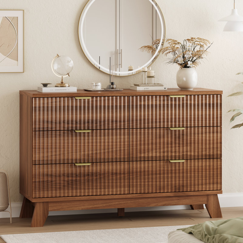 Fluted 47"W 6-Drawer Dresser w/Metal Handles, Bedroom Storage Chest, Tip-Resistant, Beige/STURDY
