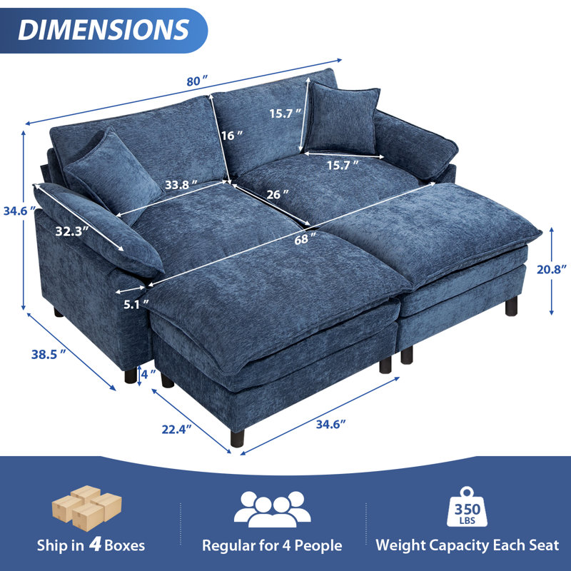 Upholstered U-Shape Sectional With Two Ottomans, 34.6" H x 80" W x 57.8" D, Blue Chenille
