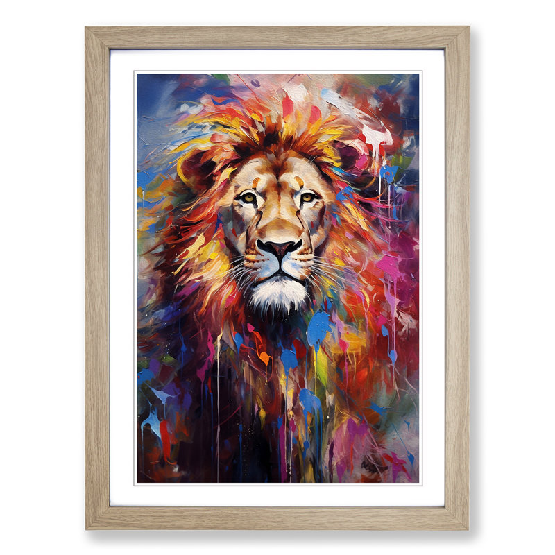 Lion Impressionism No.2 - Single Picture Frame Print on Wood, Oak Framed, 46cm H x 34cm W x 2cm D