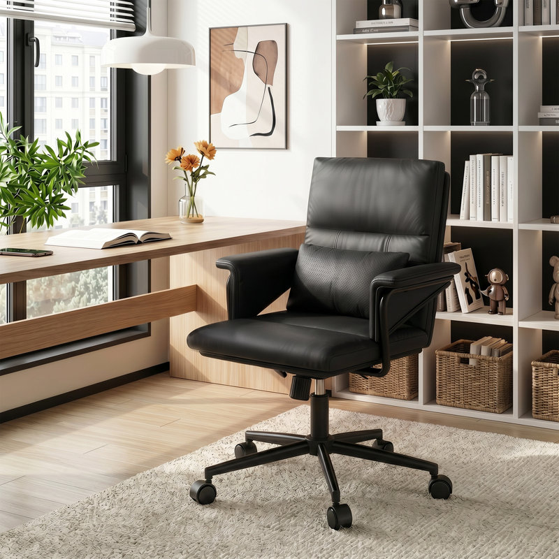 Mid-Back Office Chair with Lumbar Pillow – Adjustable Recline Task Chair, Faux Leather Upholstery for Home & Office, Black