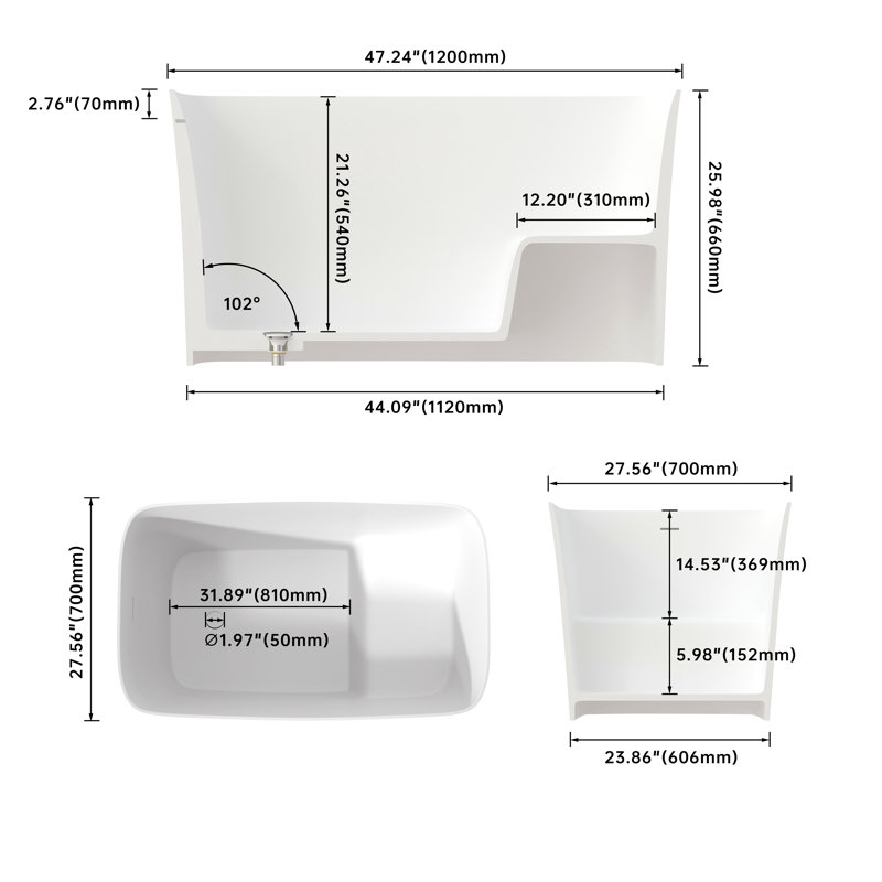 47 Inch Solid Surface Soaking Bathtub - Deep Soak Freestanding Tub