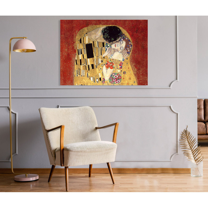 The Kiss (Detail) by Gustav Klimt - Wrapped Canvas Painting, 60cm H x 80cm W x 4cm D, Red/Mustard/Peach Puff