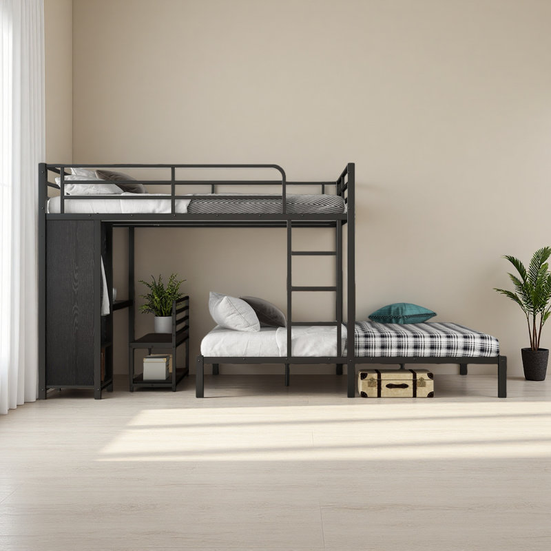 Queen Over Queen Size Bunk Bed Frame With Built-In Wardrobe, Metal Bunk Bed With Desk And Storage Chairs