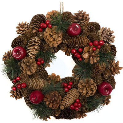 Christmas Hanging Wreath Large - Festive Pine Cone Display with Red Berries