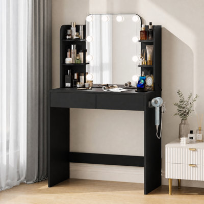 Coiffeuse de maquillage avec miroir lumineux à DEL et prise de courant, bureau de coiffeuse avec 2 tiroirs, 4 tablettes ouvertes et support pour sèche-cheveux pour la chambre à coucher
