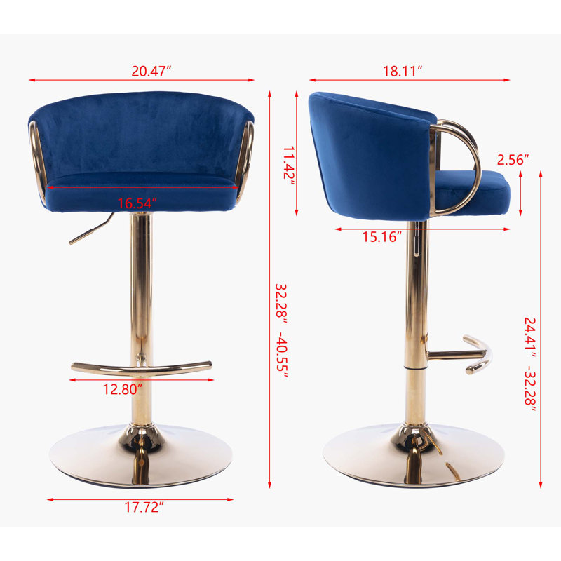 Adjustable Velvet Bar Stools with Chrome Footrest and Swivel Base, Blue