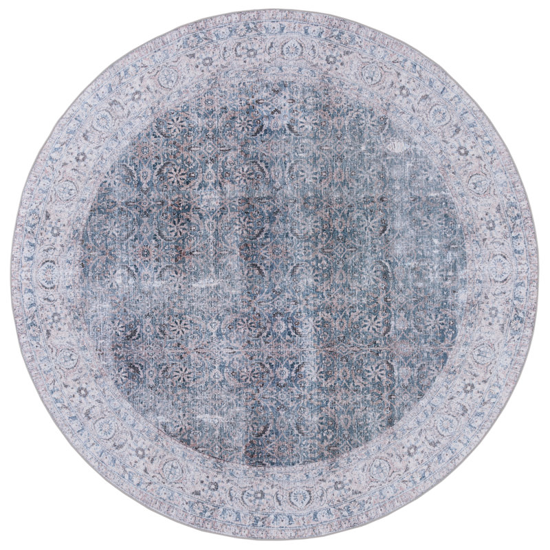 Tucson Vintage Look Machine Washable Non-Slip Area Rug in Grey/ Blue, Round 183 cm