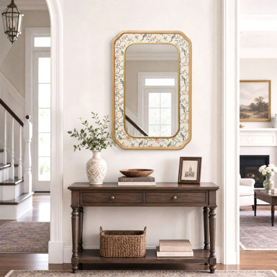Miroir mural en toile texturée lin imprimée à motifs floraux et d'oiseaux de 90 cm (35,4 po) et bois d'hévéa