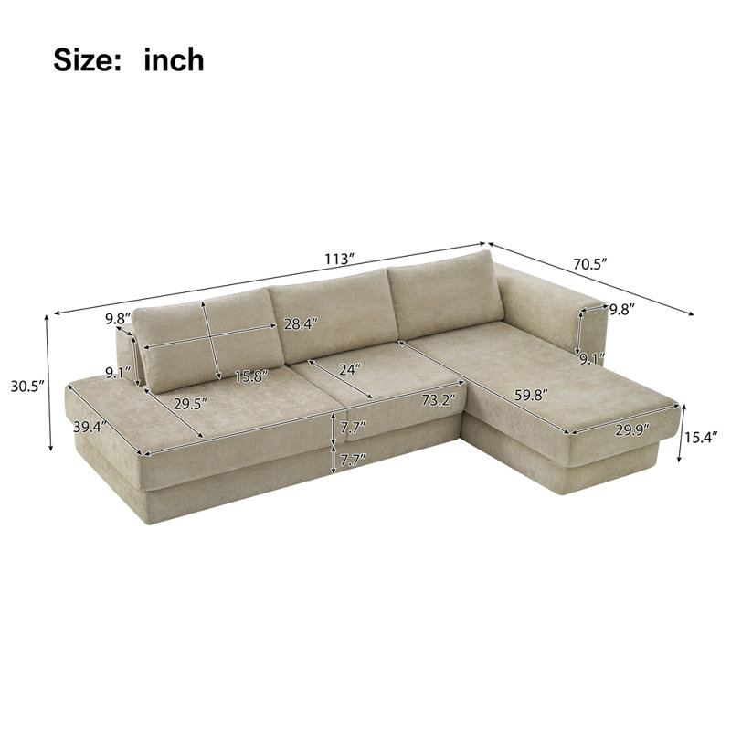 Canapé modulaire en L de 113 po avec canapé à deux couches pour le salon, Brun