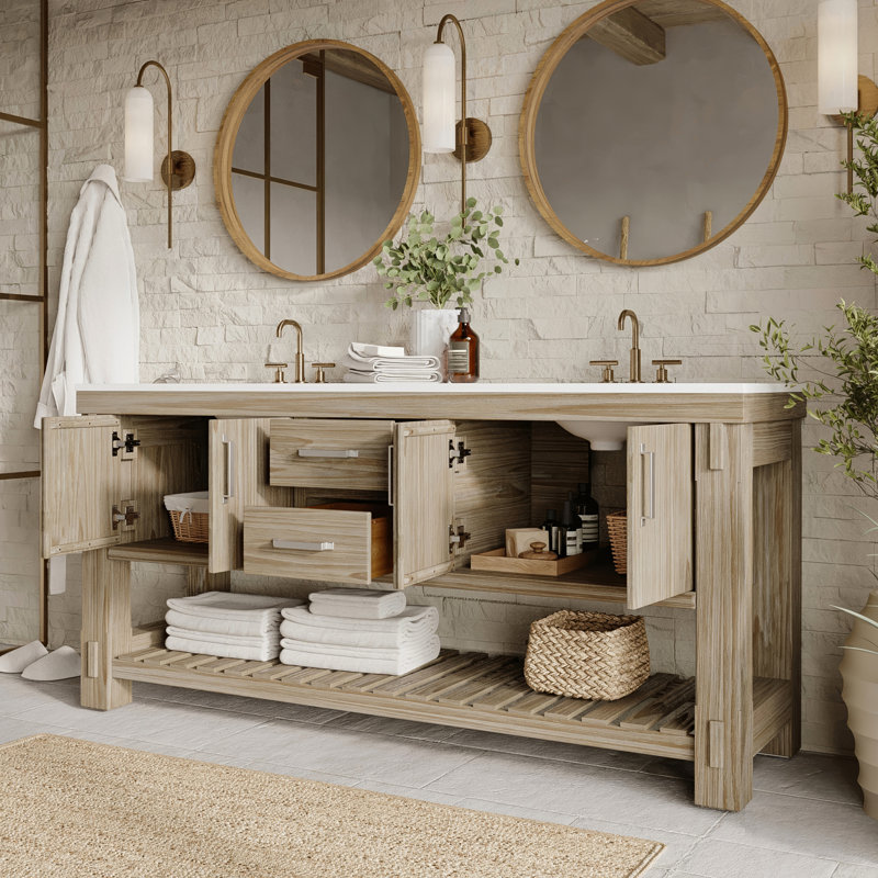Meuble-lavabo 72 po en pin délavé avec plateau en quartz Bromley