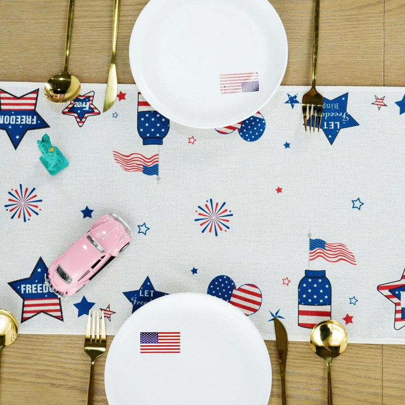 Patriotic Red White and Blue Polyester Table Runner with Gnomes, 47" x 13"