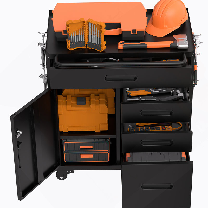 Mobile Tool Storage Cabinet - Garage Organizer With Lockable Compartment & 4 Drawers