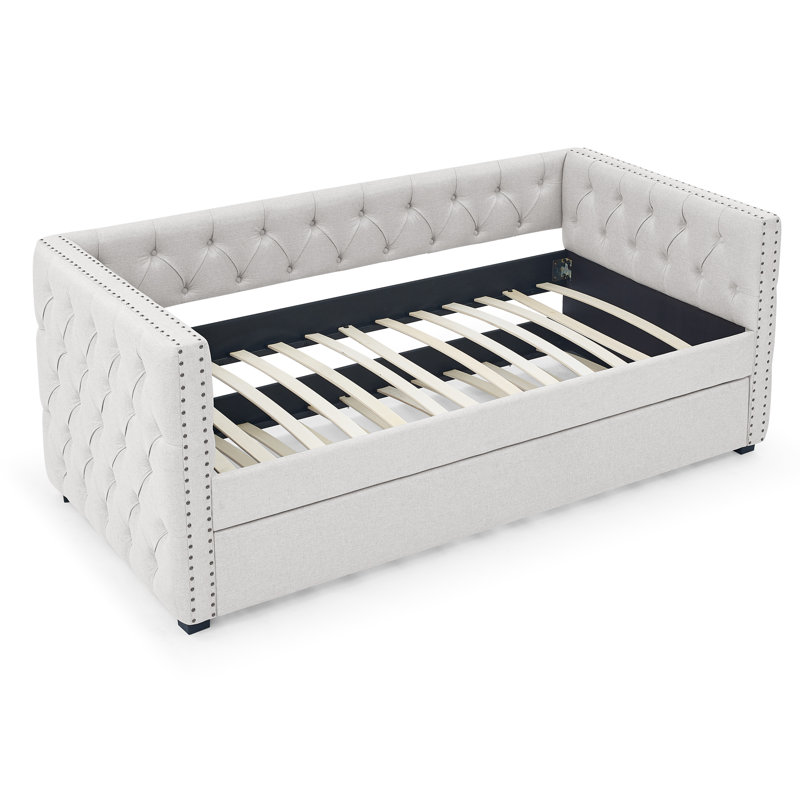 Élégant lit de jour avec couchette, taille simple, capitonnage à boutons - Beige