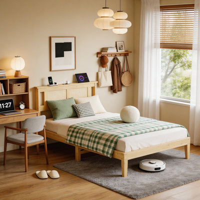 Base de lit plateforme Boho avec tête de lit en rotin avec station de charge et rangement simple