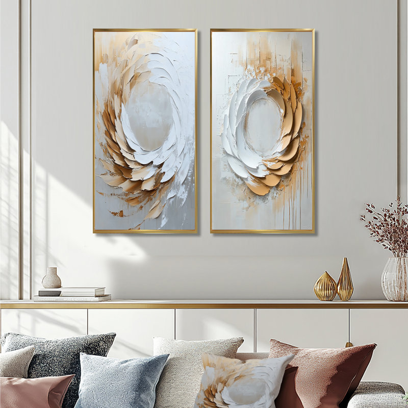 Spirales abstraites dans des tons de beige et de blanc I - ensemble de 2 pièces d'art botanique, H 32 po x l 32 po, Doré