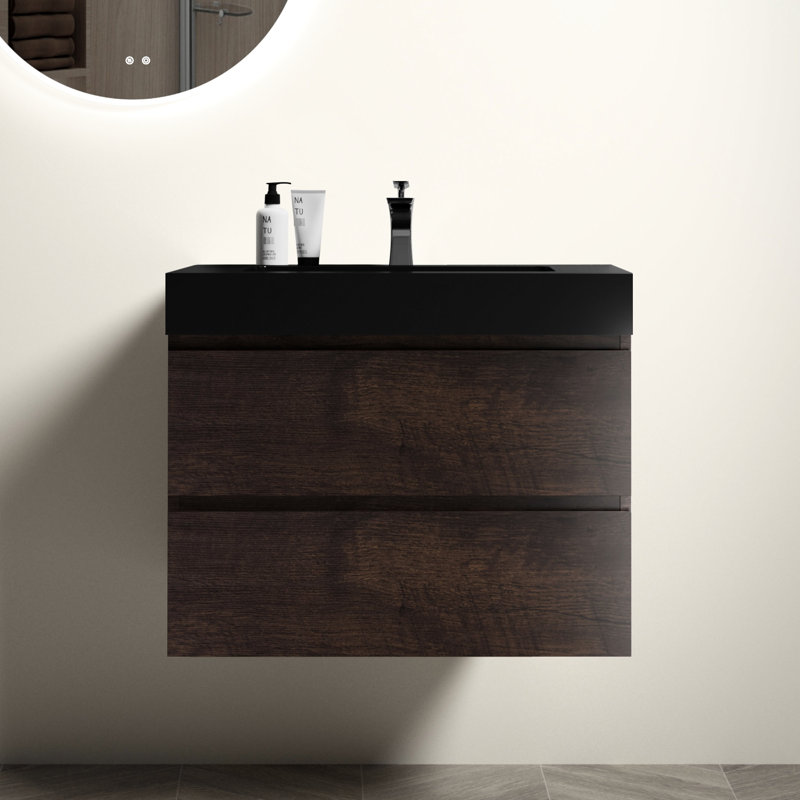 Lavabo en quartz noir mat avec trop-plein pour salle de bain style salle de bain, 30"