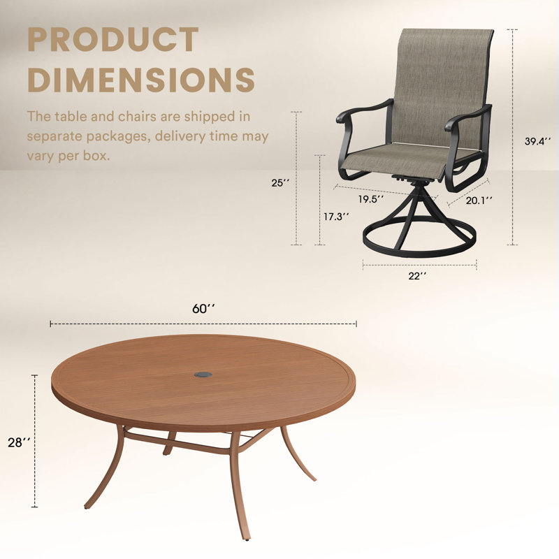 Ensemble repas 9 pièces pour patio avec table ronde de 60 po, Noyer/brun