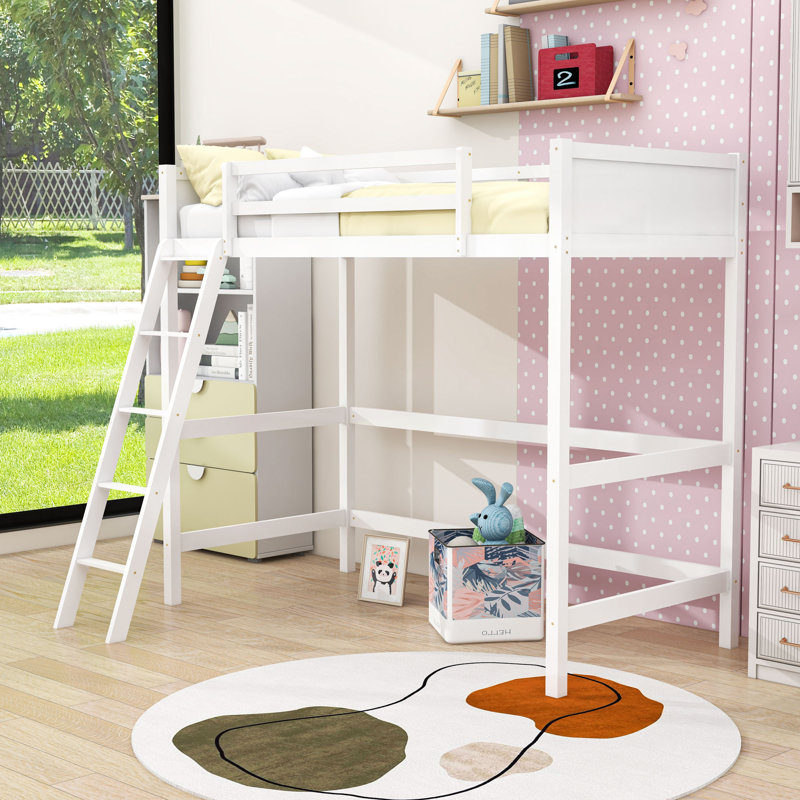 Twin Wood Loft Bed with Sturdy Ladder and Guardrails