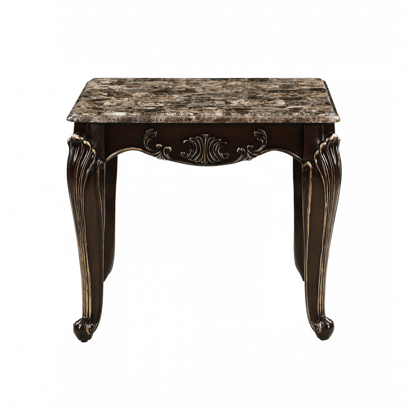 Table de bout rectangulaire en marbre de luxe formelle 1Pc avec finition cerisier et bords dorés, pieds classiques, pour les espaces de vie traditionnels