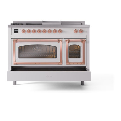 ILVE Nostalgie II Noblesse 48 inch Dual Fuel Range (5 Sealed Burners + Griddle + French Top, Triple Glass Door)