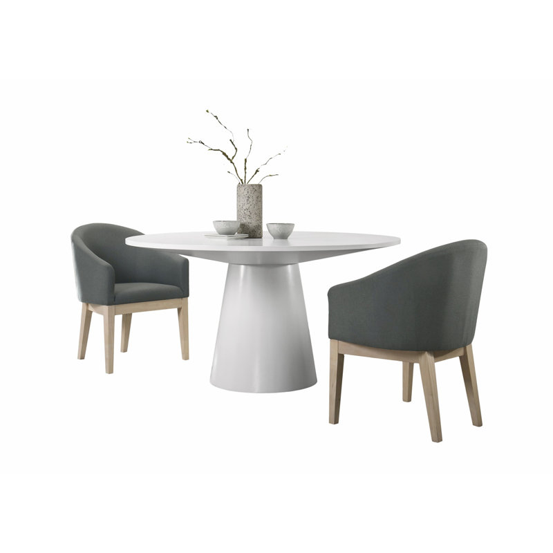 Ensemble de table de salle à manger 3 pièces avec piédestal et 2 chaises demi-tonneau, H 31 po x L 59 po x l 59 po, Blanc
