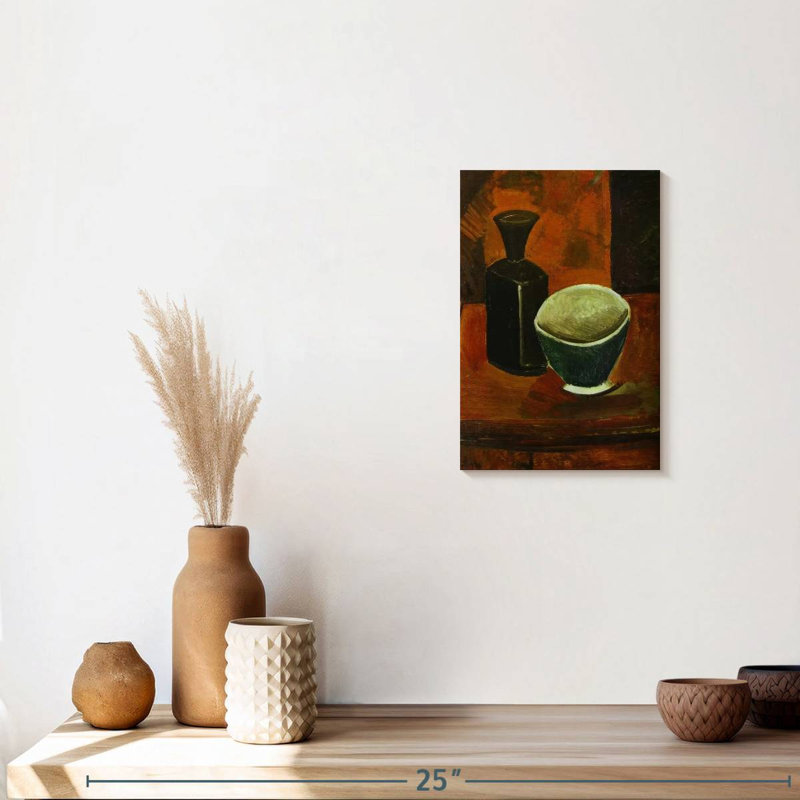 Pan vert et bouteille noire, H 12 po x l 8 po