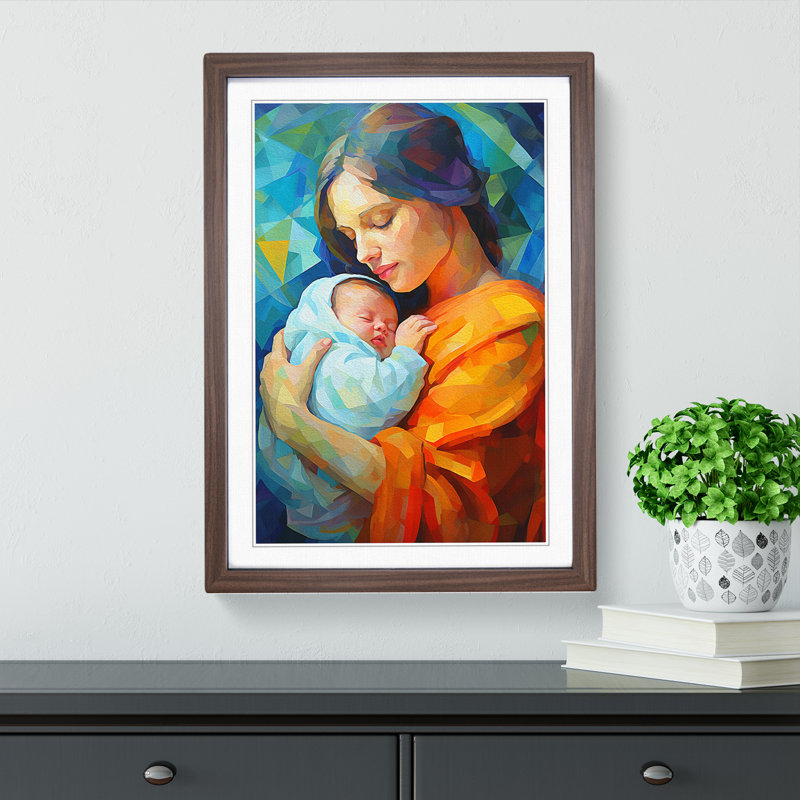XYZ-FRM-V1223-4566 Mother And Baby Modern - Single Picture Frame Print on Wood, Walnut , 64cm H x 46cm W x 2cm D