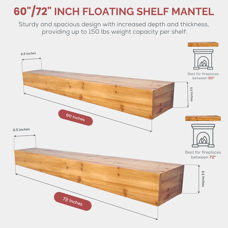 60" Rustic Fireplace Mantel Shelf, Beige Wood, 5.5"H x 72"W x 8.5"D