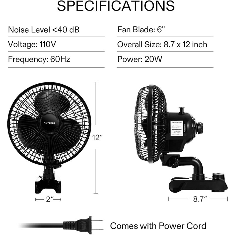 Vivosun 12'' Oscillating Clip Fan, Black