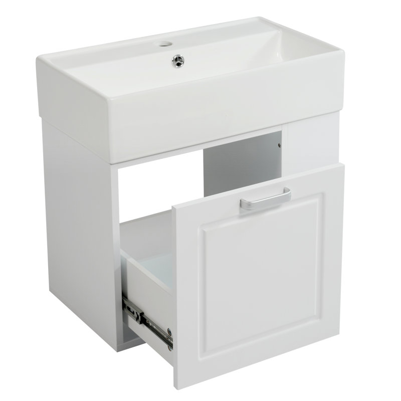 Meuble-lavabo de 21,8 po avec lavabo, armoire flottante murale, grand tiroir, tablette réglable, porte-papier hygiénique, système de fermeture en douceur