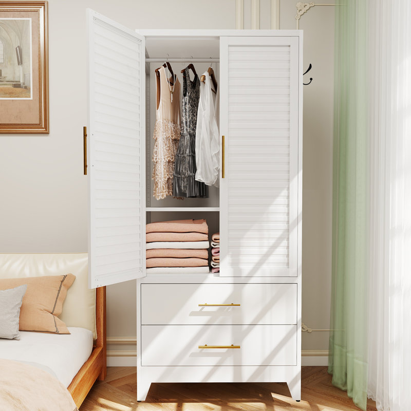 Commode haute moderne en métal blanc, armoire de rangement pour vêtements avec 2 portes et tiroirs