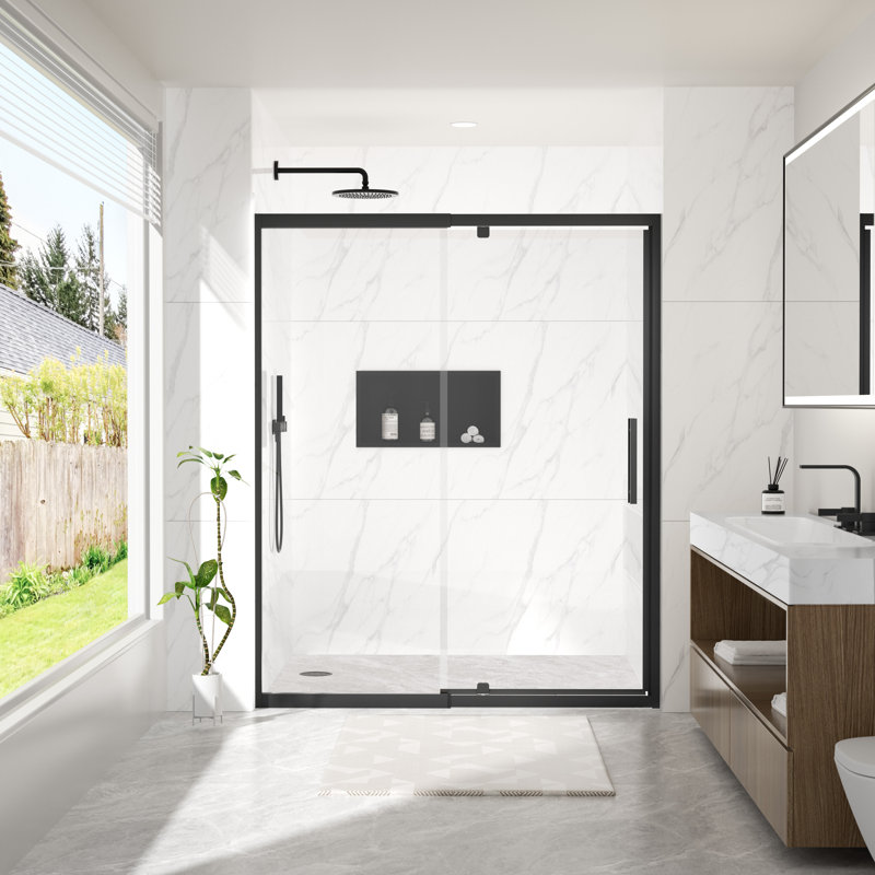 Porte de douche à cadre pivotante avec panneau fixe l 44 à 48 po x H 72 po, noir mat, verre trempé nano-enduit