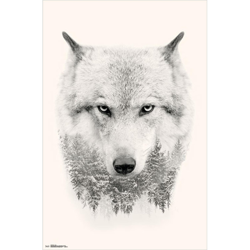 Loup et arbres - Reproduction d'art graphique sur papier, H 34 po x l 22,25 po x P 0,05 po, Toile tendue