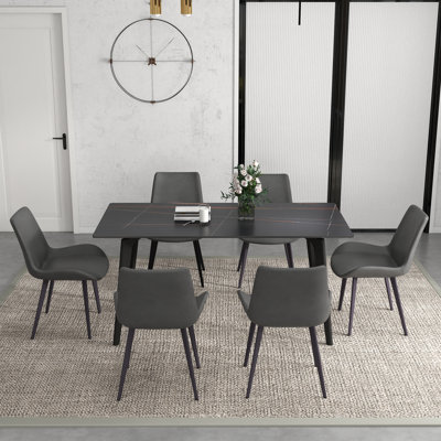 Fairy Nedek 7-Piece Modern Rectangular Sintered Stone Dining Table Set With 6 Grey Faux Leather Chairs