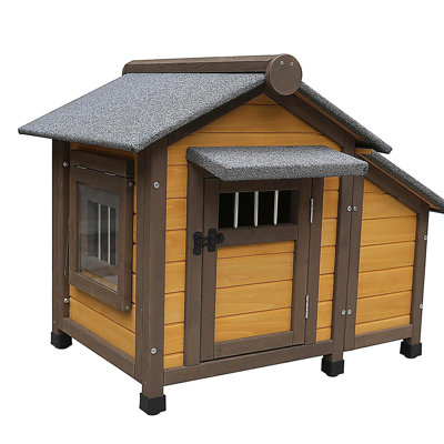 Solid Wood Dog House, Cozy Outdoor Shelter for Medium & Small Dogs with Lockable Ventilated Door, Waterproof Insulated Felt Roof & Charming Design