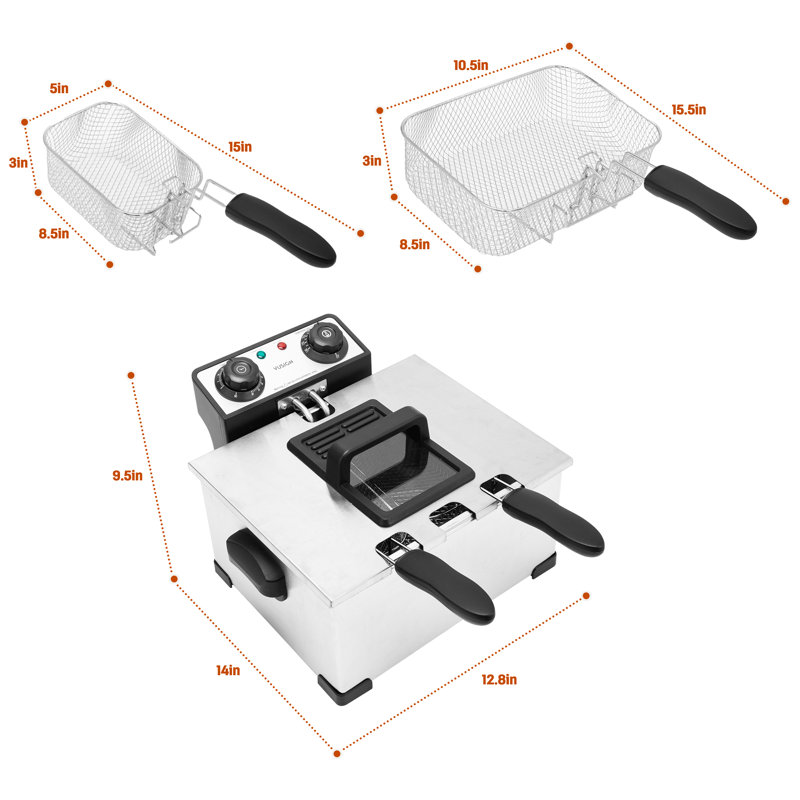 Friteuse 1800 W 5,3 pte avec 3 paniers de friture, température réglable, couvercle avec fenêtre de visualisation, acier inoxydable