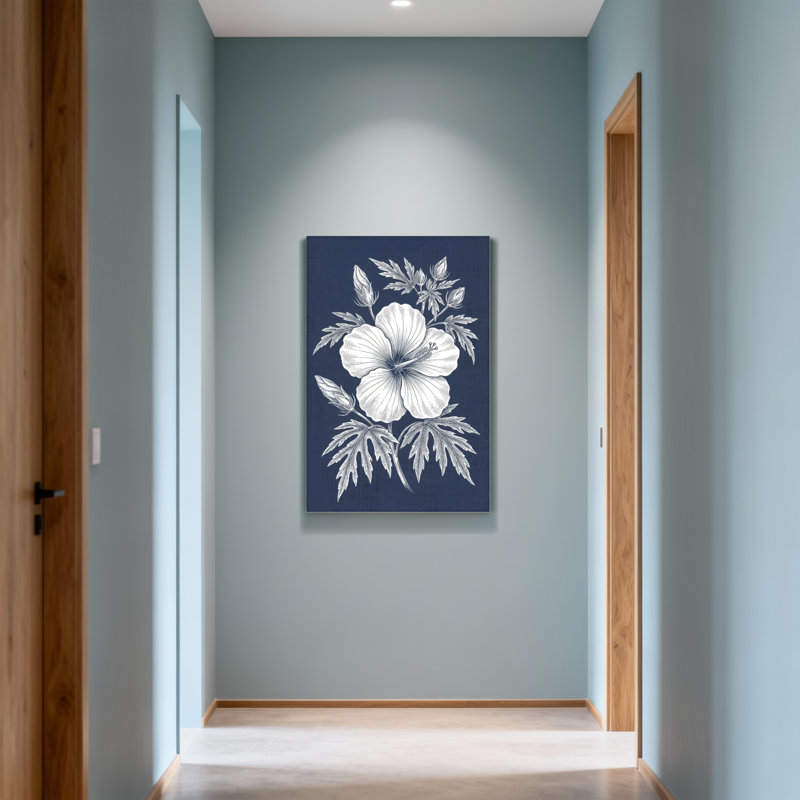 Plantes et fleurs Fleur blanche avec feuilles sur fond bleu, H 24 po x l 16 po
