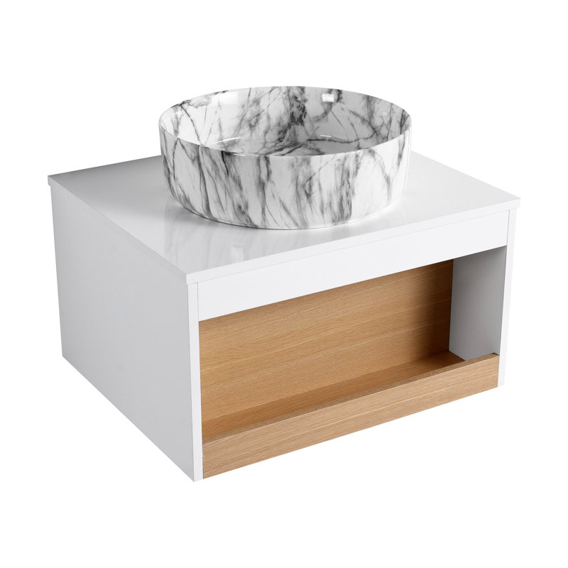 Meuble-lavabo flottant avec lavabo vasque en marbre veiné, meuble-lavabo mural avec tablette ouverte, avec décor en bois