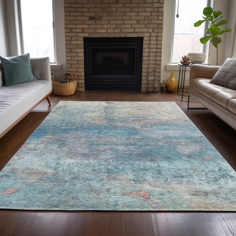 Tapis turquoise Xhevrie intérieur / extérieur lavable à la machine, Rectangle 9 pi x 12 pi