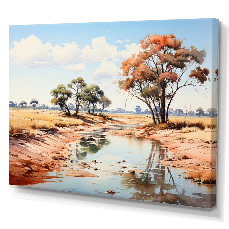 Paysage africain beige et vert sur toile, H 12 po x l 20 po x P 1 po, Toile tendue