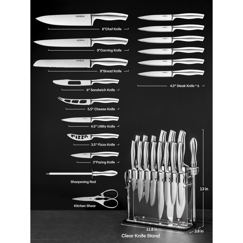 Aiheal Aiheal 17PCS Knife Set with Acrylic Knife Stand, Sharp Knife Set Stainless Steel in One-Piece Design
